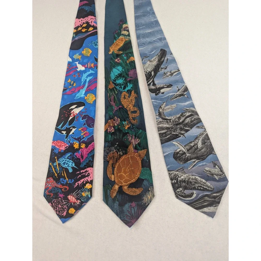Mens Silk Tie Lot 3 Ocean Marine Life Whale Turtle Reef Addiction WWF Endangered